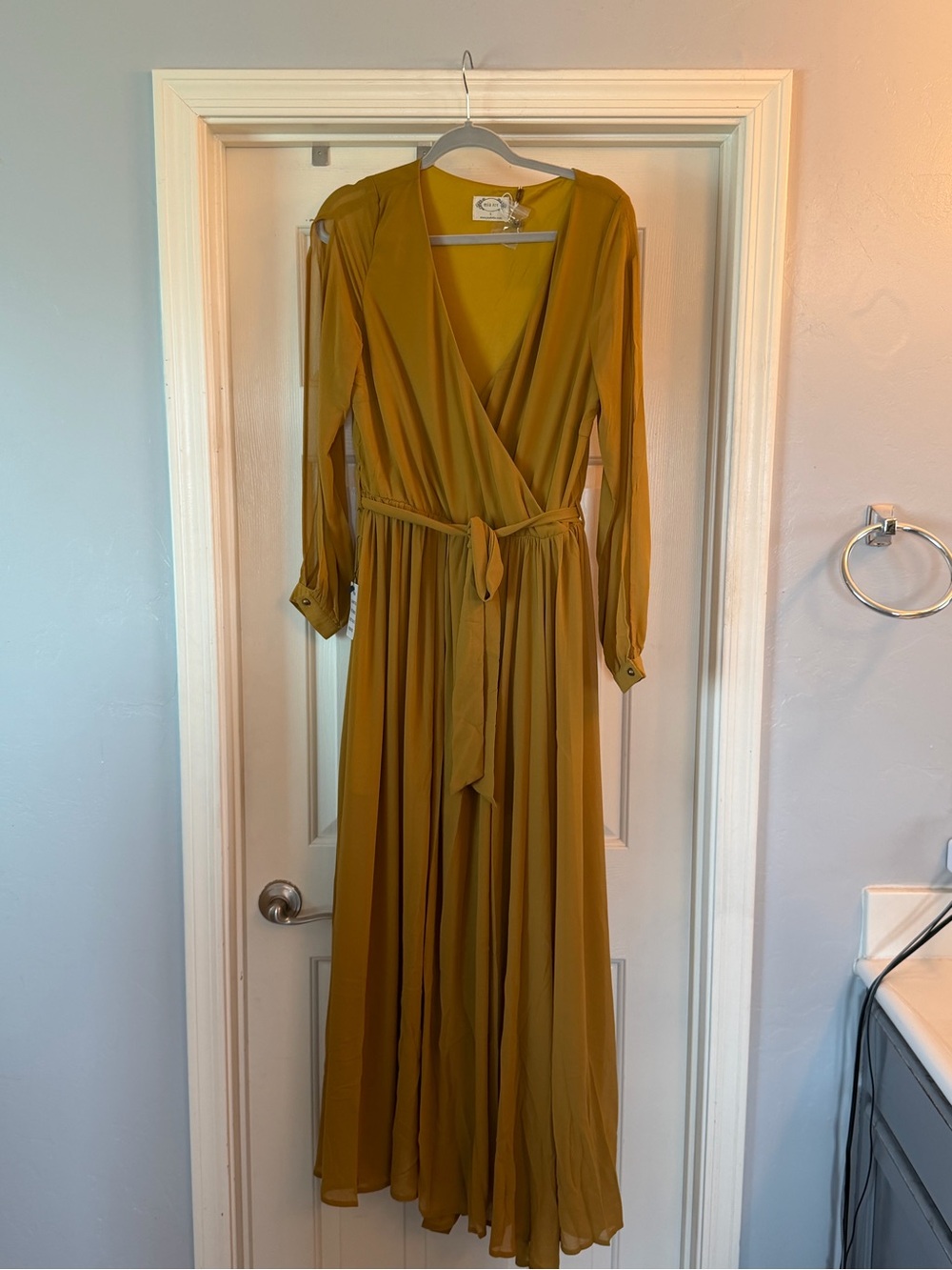 NWT Joyfolie Elegant Mustard Wrap Maxi Dress with Waist Tie